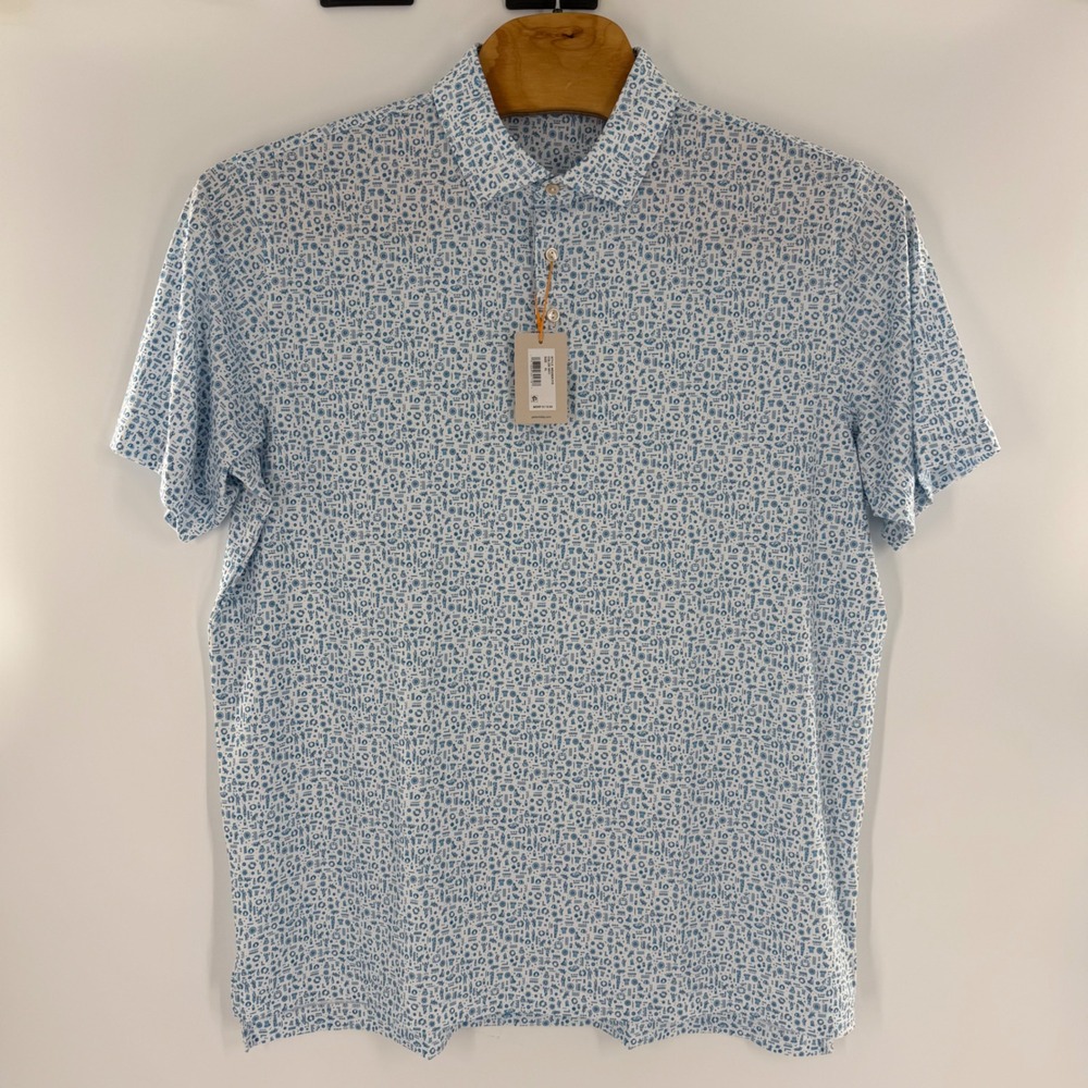 Peter Millar Summer Comfort Polo Shirt Mens XL White Blue Greek Print MS22EK31S